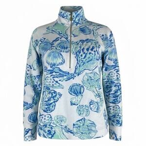 Lilly Pulitzer Skipper Popover Top 1/4 Zip Seashell White Blue Size XXS